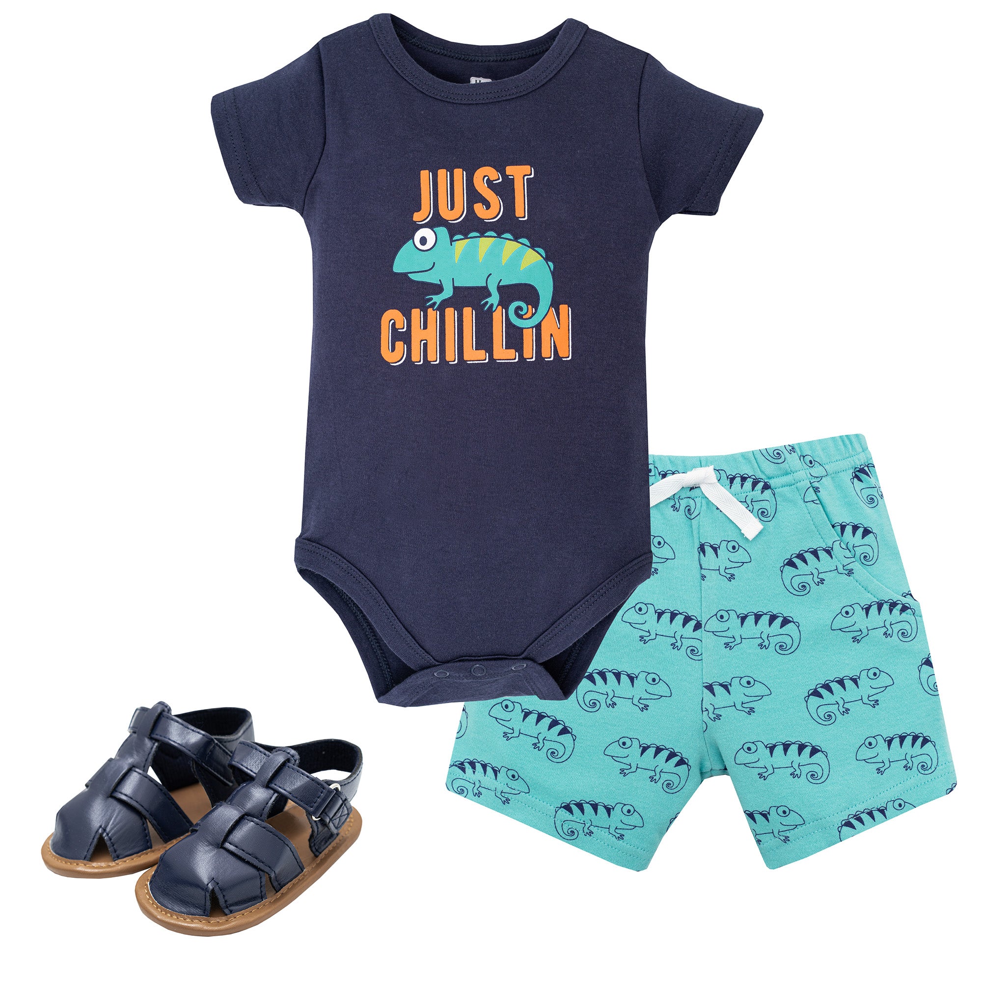 Hudson Baby Cotton Bodysuit, Shorts and Shoe Set, Chameleon