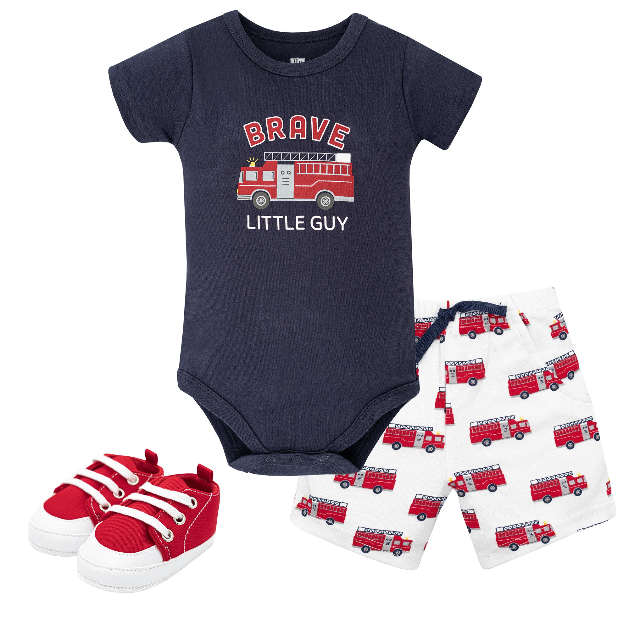 Hudson Baby Cotton Bodysuit, Shorts and Shoe Set, Brave Firetruck