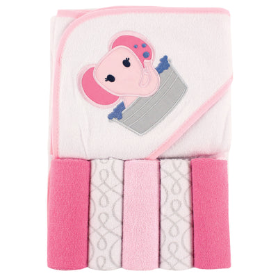 Luvable Friends Hooded Towel with Five Washcloths, Pink Elephant