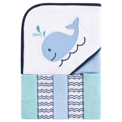 Luvable Friends Hooded Towel with Five Washcloths, Boy Whale