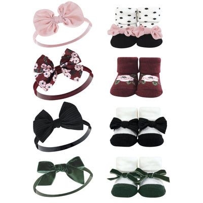 Hudson Baby Headband and Socks Giftset, Burgundy Floral 8-Piece
