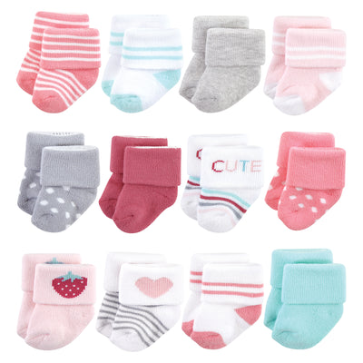 Hudson Baby Cotton Rich Newborn and Terry Socks, Strawberry 12-Pack