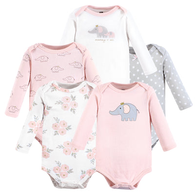 Hudson Baby Cotton Long-Sleeve Bodysuits, Pink Gray Elephant 5-Pack