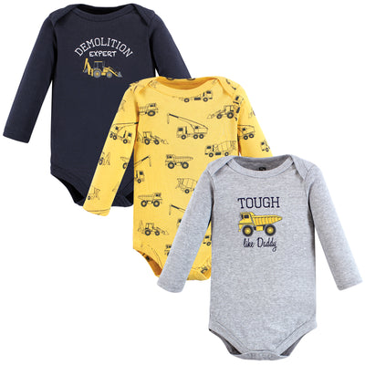 Hudson Baby Cotton Long-Sleeve Bodysuits, Construction 3-Pack