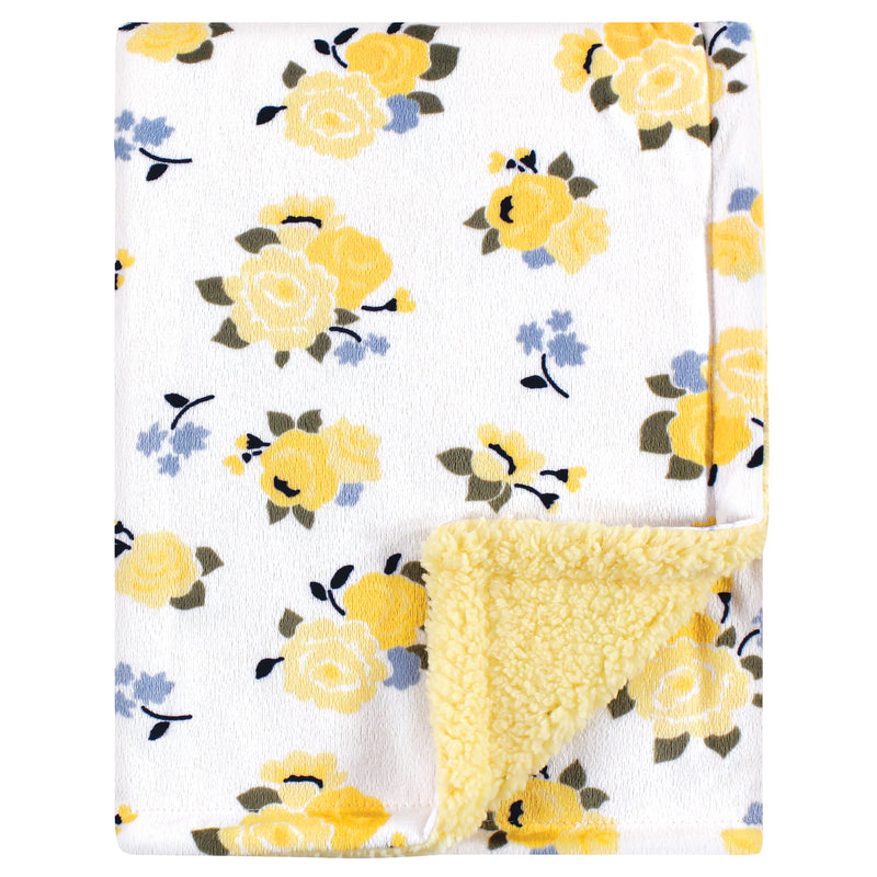 Luvable Friends Plush Blanket with Sherpa Back, Yellow Floral