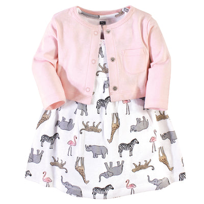 Hudson Baby Cotton Dress and Cardigan Set, Modern Pink Safari