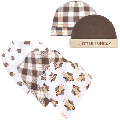 Hudson Baby Cotton Bib and Headband or Caps Set, Boy Turkey