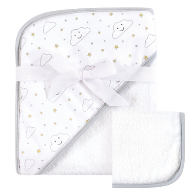 Hudson Baby Cotton Hooded Towel and Washcloth, Gray Clouds