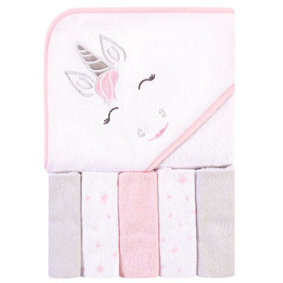 Hudson Baby Hooded Towel and Five Washcloths, Pink Unicorn