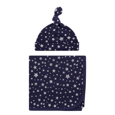Hudson Baby Swaddle Blanket and Cap or Headband, Silver Navy Stars