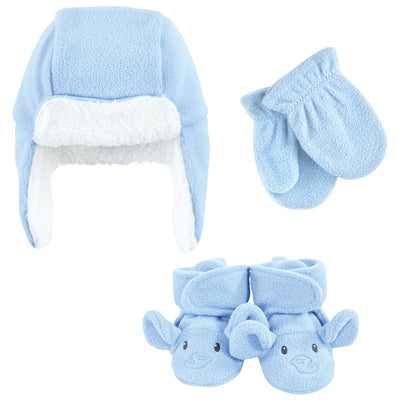 Hudson Baby Unisex Baby Trapper Hat, Mitten and Bootie Set, Blue Elephant