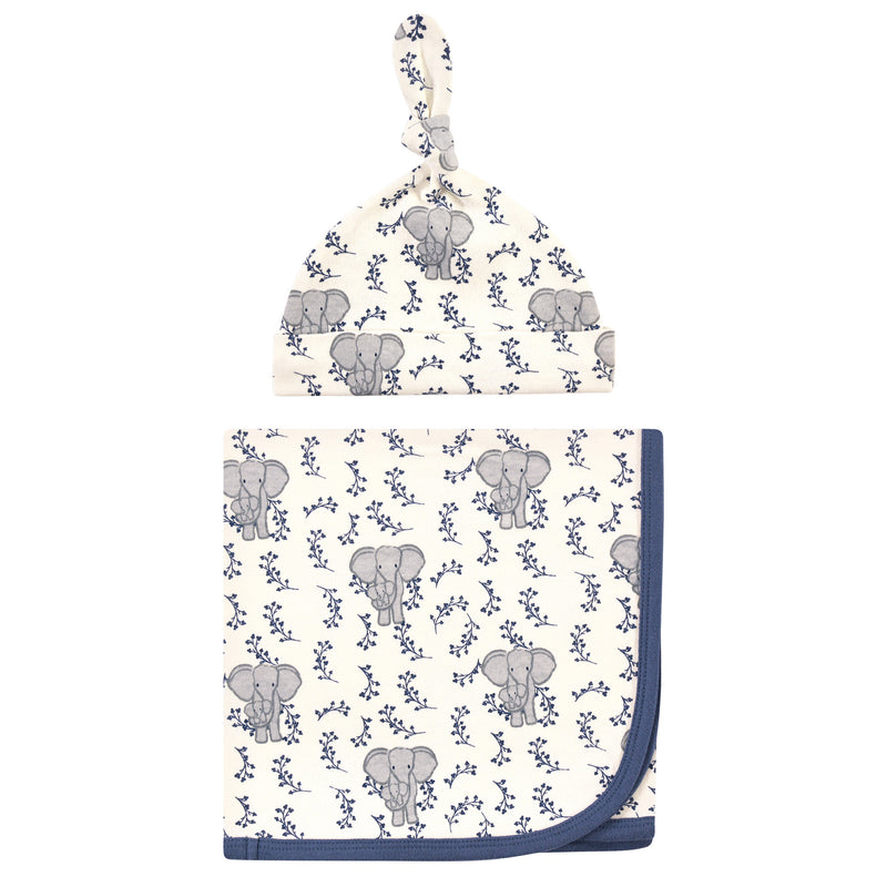 Touched by Nature Organic Cotton Swaddle Blanket and Headband or Cap, Blue ElephantÂ 