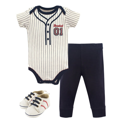 Little Treasure Cotton Bodysuit, Pant and Shoe Set, Baseball Short-Sleeve