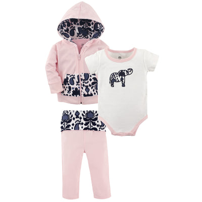 Yoga Sprout Cotton Hoodie, Bodysuit or Tee Top, and Pant, Ikat Elephant Baby