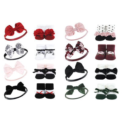 Hudson Baby 16Pc Headband and Socks Set, Black Toile Burgundy Floral