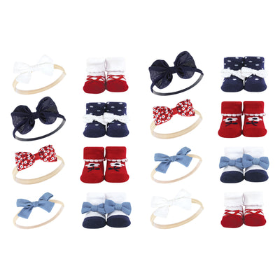 Hudson Baby 16Pc Headband and Socks Giftset, Red Navy Flower