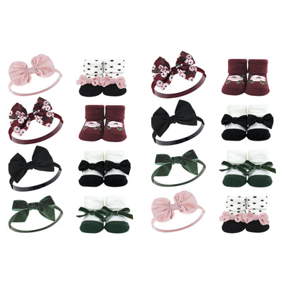 Hudson Baby 16Pc Headband and Socks Giftset, Burgundy Floral