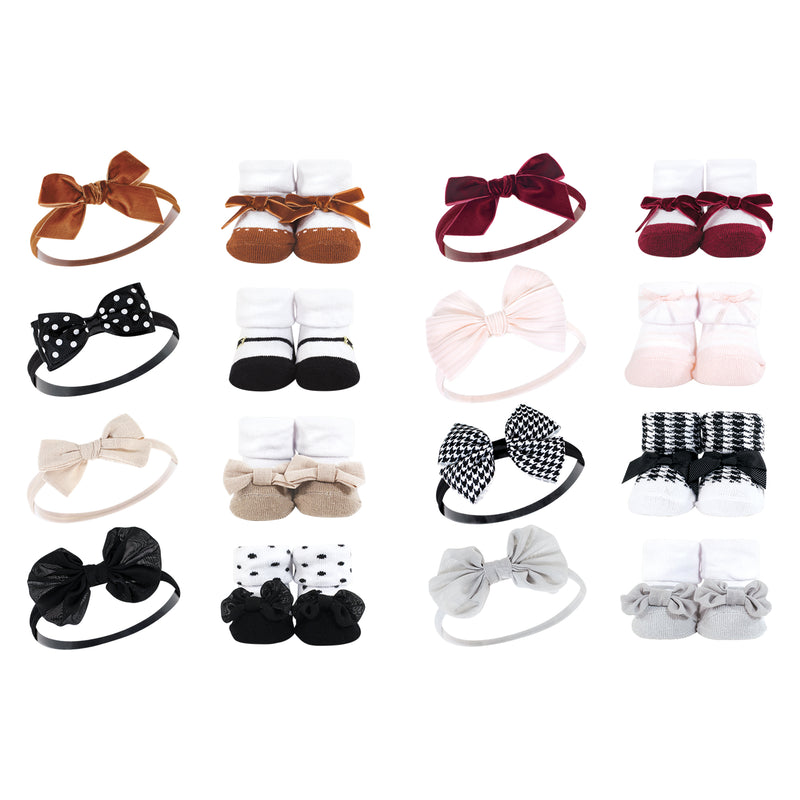 Hudson Baby 16Pc Headband and Socks Set, Classic Neutrals Houndstooth Burgundy