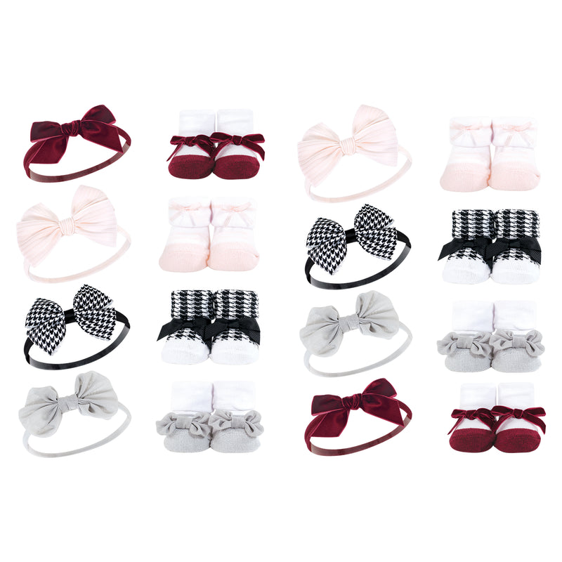 Hudson Baby 16Pc Headband and Socks Giftset, Houndstooth Burgundy