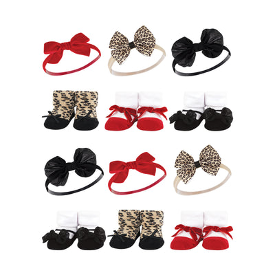 Hudson Baby 12Pc Headband and Socks Giftset, Red Leopard