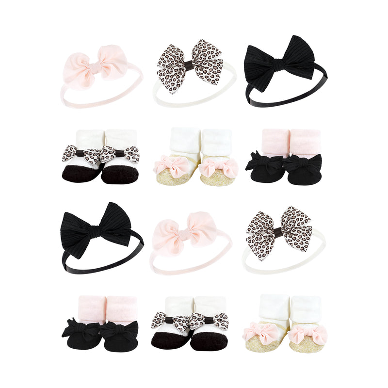 Hudson Baby 12Pc Headband and Socks Giftset, Light Pink Leopard