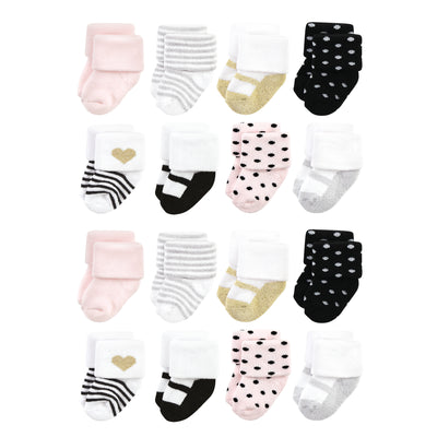 Hudson Baby Cotton Rich Newborn and Terry Socks, Silver Gold Pink