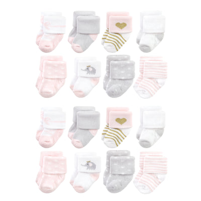 Hudson Baby Cotton Rich Newborn and Terry Socks, Pink Gray Elephant