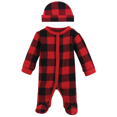 Hudson Baby Thermal Preemie Sleep and Play and Cap, Buffalo Plaid