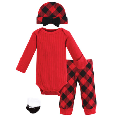 Hudson Baby Thermal Preemie Layette Set 4pc, Girl Buffalo Plaid Long Sleeve