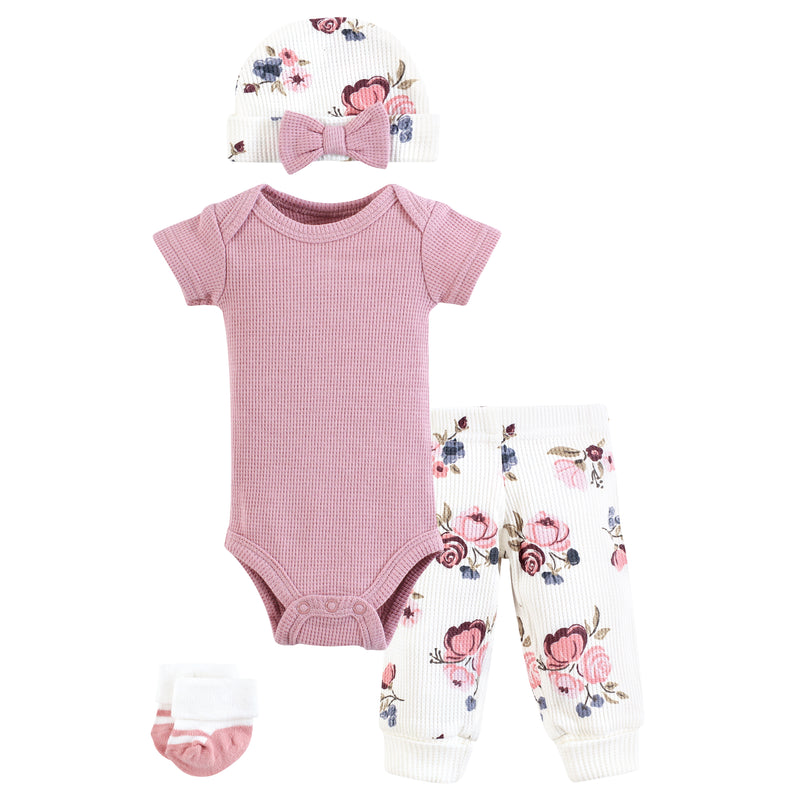 Hudson Baby Thermal Preemie Layette Set 4pc, Dusty Rose Floral Short Sleeve