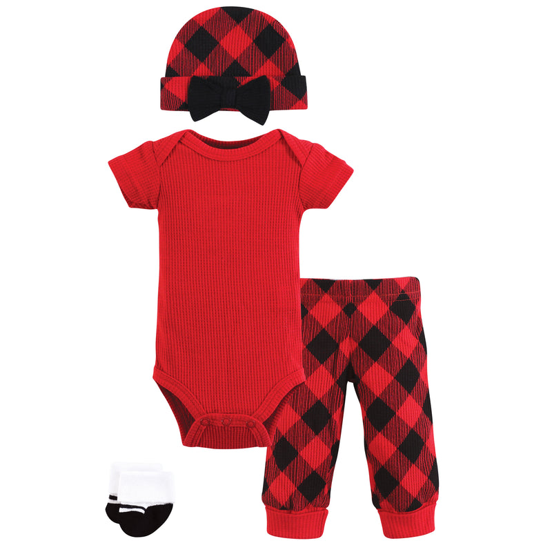 Hudson Baby Thermal Preemie Layette Set 4pc, Girl Buffalo Plaid Short Sleeve