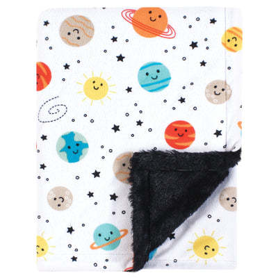 Hudson Baby Plush Blanket with Furry Binding and Back, Happy Planets