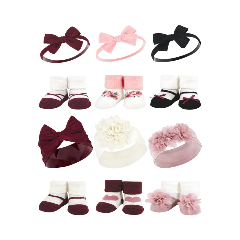 Hudson Baby 12Pc Headband and Socks Giftset, Burgundy Blush Burgundy Black