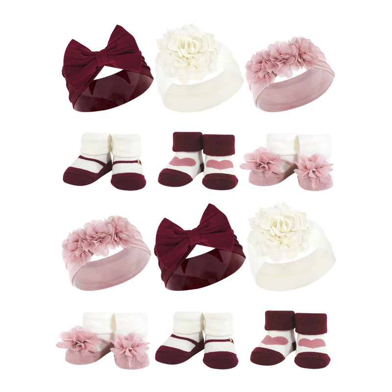 Hudson Baby 12Pc Headband and Socks Giftset, Burgundy Blush