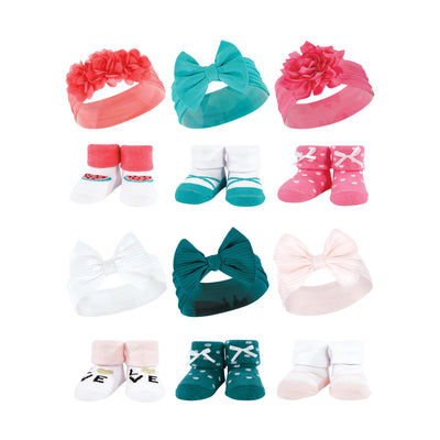 Hudson Baby 12Pc Headband and Socks Giftset, Teal Coral Teal Pink