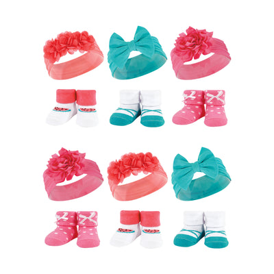 Hudson Baby 12Pc Headband and Socks Giftset, Teal Coral