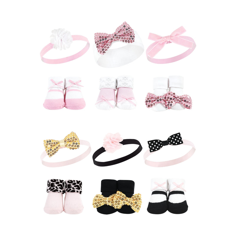 Hudson Baby 12Pc Headband and Socks Giftset, Pink Sequin Gold Sequin