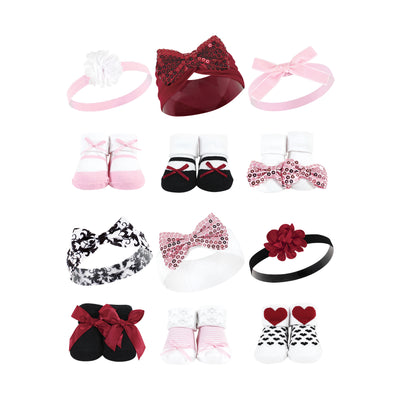 Hudson Baby 12Pc Headband and Socks Giftset, Pink Sequin Red Sequin