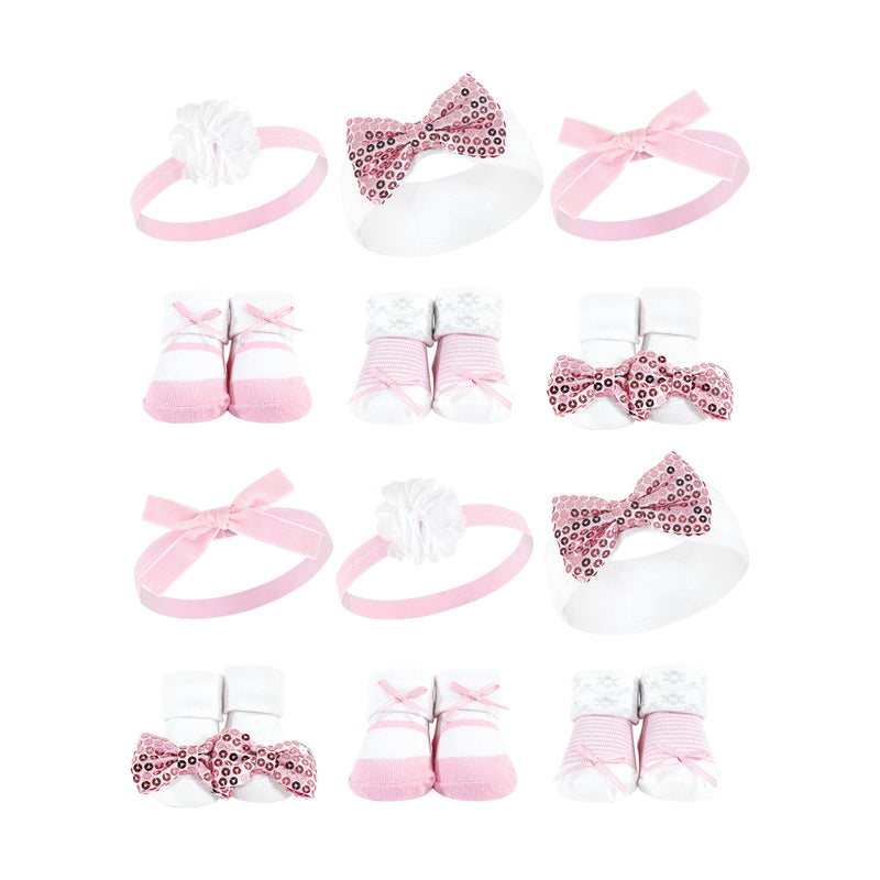 Hudson Baby 12Pc Headband and Socks Giftset, Pink Sequin