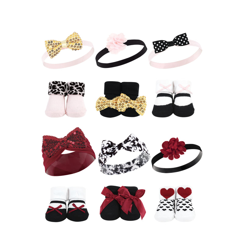 Hudson Baby 12Pc Headband and Socks Giftset, Gold Sequin Red Sequin