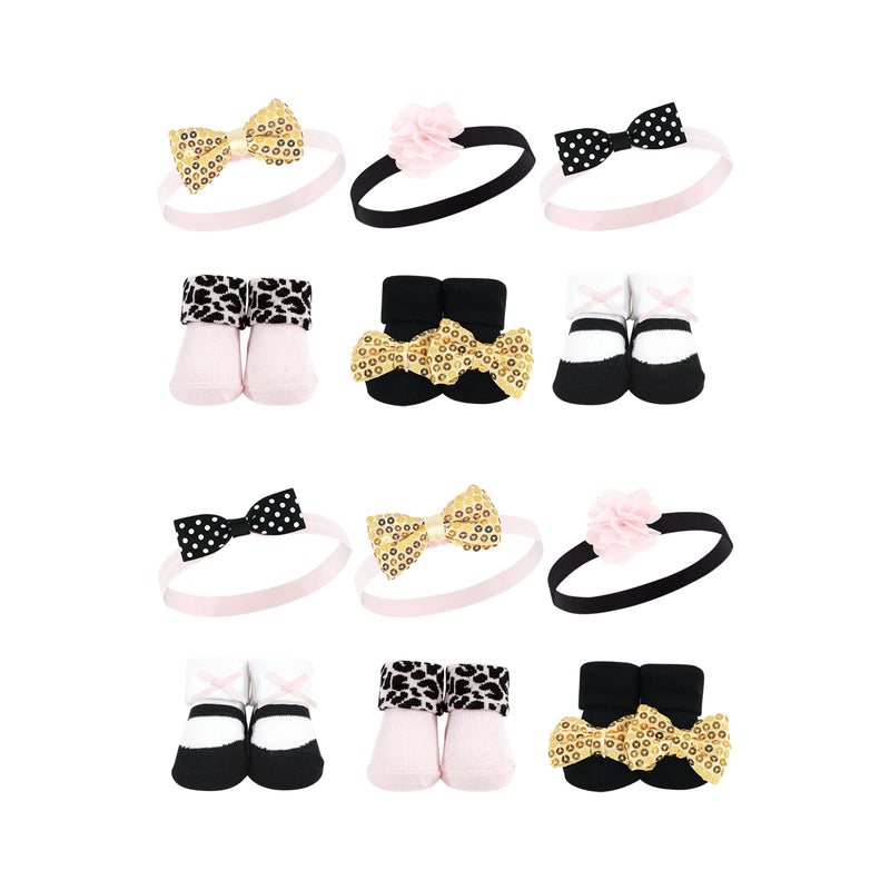 Hudson Baby 12Pc Headband and Socks Giftset, Gold Sequin