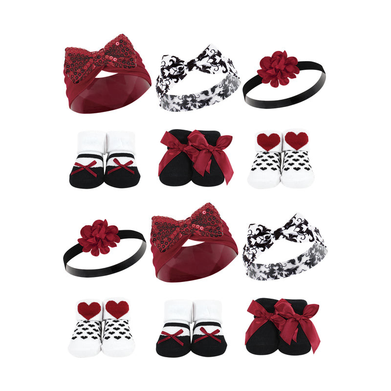 Hudson Baby 12Pc Headband and Socks Giftset, Red Sequin