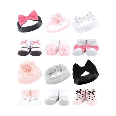 Hudson Baby 12Pc Headband and Socks Giftset, Pink Charcoal Pink Black Gray