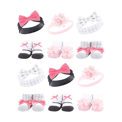 Hudson Baby 12Pc Headband and Socks Giftset, Pink Charcoal