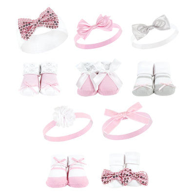 Hudson Baby 12Pc Headband and Socks Set, Pink Gray Pink Sequin