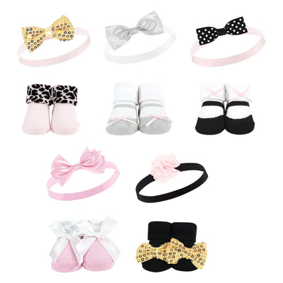 Hudson Baby 12Pc Headband and Socks Set, Pink Gray Gold Sequin