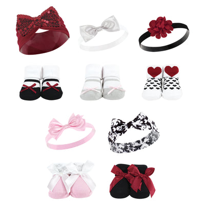 Hudson Baby 12Pc Headband and Socks Set, Pink Gray Red Sequin