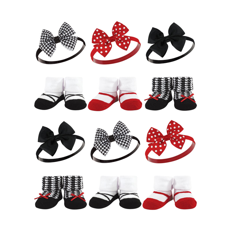 Hudson Baby 12Pc Headband and Socks Giftset, Red Houndstooth