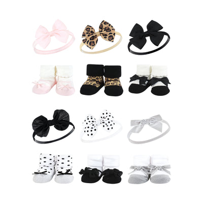 Hudson Baby 12Pc Headband and Socks Giftset, Leopard Black Silver