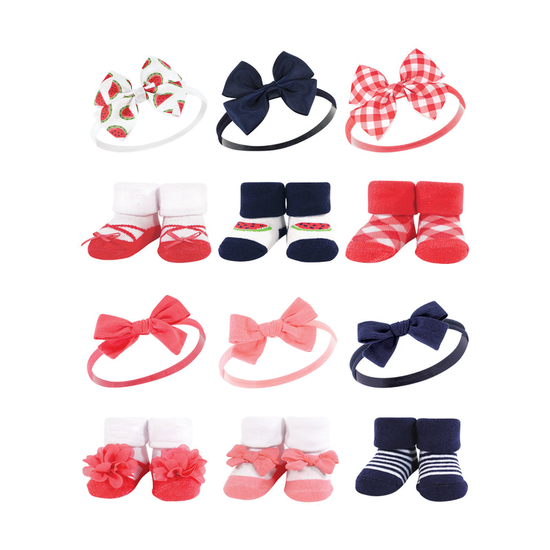 Hudson Baby 12Pc Headband and Socks Giftset, Watermelon Navy Coral